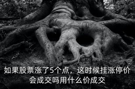 如果股票漲了5個點，這時候掛漲停價會成交嗎用什么價成交
