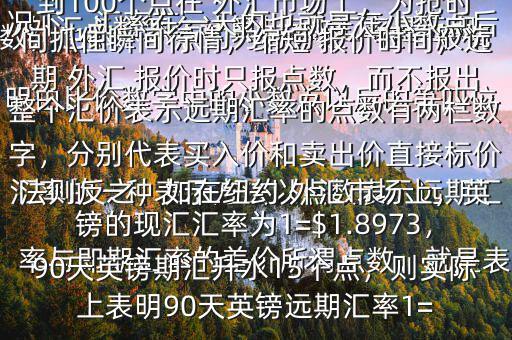  外匯點(diǎn)數(shù)怎么計(jì)算$點(diǎn)數(shù)匯率是遠(yuǎn)期匯率的一種表示方法以點(diǎn)數(shù)表示遠(yuǎn)期匯率與即期匯率的差價(jià)所謂點(diǎn)數(shù)，就是表明由比價(jià)數(shù)字中的小數(shù)點(diǎn)以后的第四位數(shù)，也即一個(gè)點(diǎn)約為萬分之一在一般情況下，匯率在一天內(nèi)也就是在小數(shù)點(diǎn)后的三位數(shù)變動(dòng)，也即變動(dòng)幾十個(gè)點(diǎn)，不到100個(gè)點(diǎn)在 外匯市場上，為搶時(shí)間抓住瞬間行情，縮短 報(bào)價(jià)時(shí)間，遠(yuǎn)期 外匯 報(bào)價(jià)時(shí)只報(bào)點(diǎn)數(shù)，而不報(bào)出整個(gè)匯價(jià)表示遠(yuǎn)期匯率的點(diǎn)數(shù)有兩欄數(shù)字，分別代表買入價(jià)和賣出價(jià)直接標(biāo)價(jià)法則反之，如在紐約 外匯市場上，英鎊的現(xiàn)匯匯率為1=$1.8973，90天英鎊期匯升水15個(gè)點(diǎn)，則實(shí)際上表明90天英鎊遠(yuǎn)期匯率1=