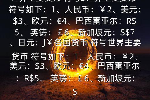 世界主要貨幣 符號(hào)$世界主要貨幣 符號(hào)如下：1、人民幣：￥2、美元：$3、歐元：€4、巴西雷亞爾：R$5、 英鎊：￡6、新加坡元：S$7、日元：J￥各國貨幣 符號(hào)世界主要貨幣 符號(hào)如下：1、人民幣：￥2、美元：$3、歐元：€4、巴西雷亞爾：R$5、 英鎊：￡6、新加坡元：S